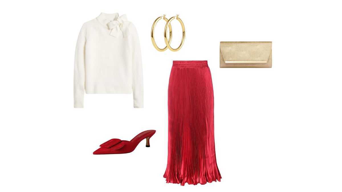 Falda midi roja con jersey con lazo color crema