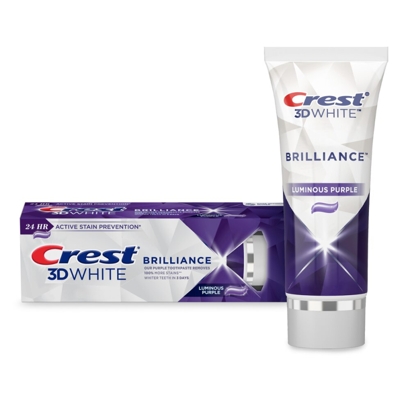 Purpursarkanās zobu pastas Crest 3D White Brilliance Luminous Purple Toothpastas produkta fotoattēls