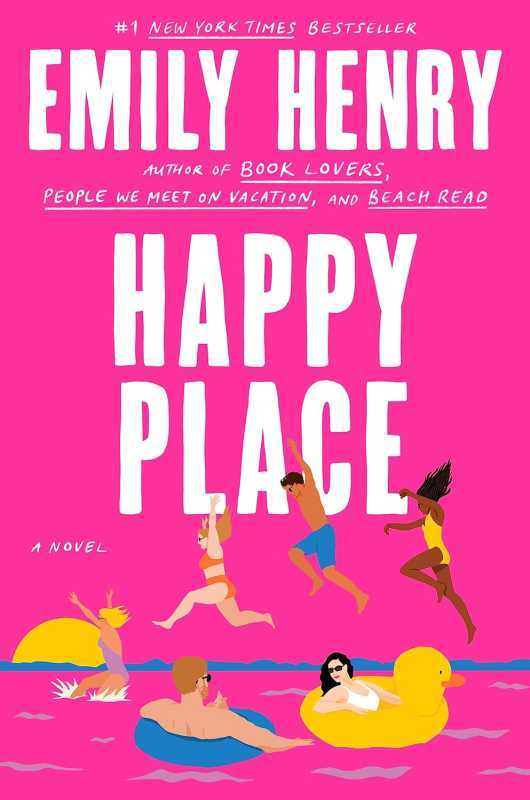 Found Family Trope: Happy Place van Emily Henry boekomslag met een felroze achtergrond en een illustratie van een groep vrienden die ontspannen en spelen in een meer