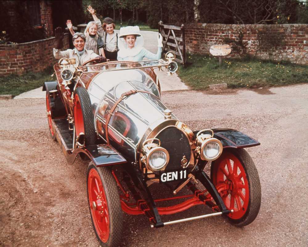 Dick Van Dyke, Heather Ripley, Adrian Hall och Sally Ann Howes sitter och vinkar från sina platser i bilen, i ett reklamporträtt som utfärdats för filmen