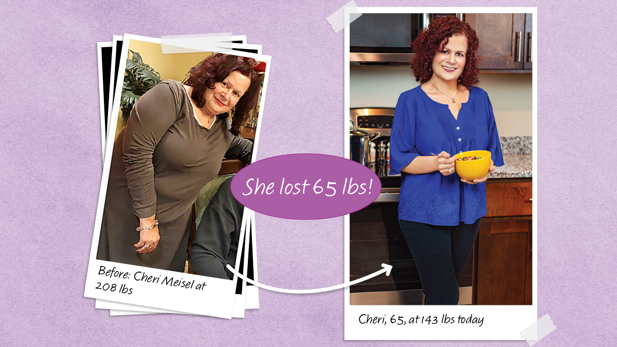 Før og efter billeder af Cheri Meisel, der tabte 65 lbs ved at bruge keto detox suppe til vægttab