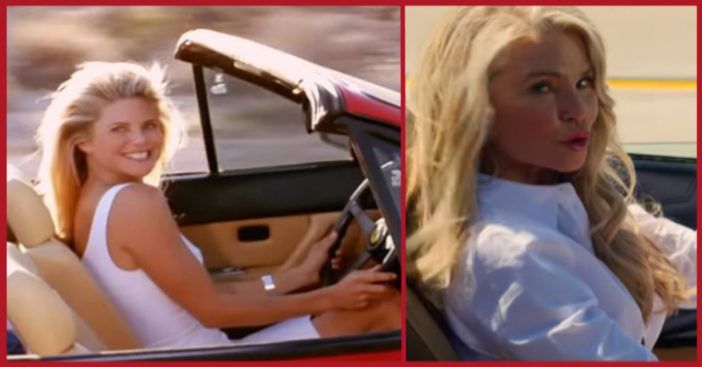 Christie Brinkley conduciendo el icónico ferrari rojo.