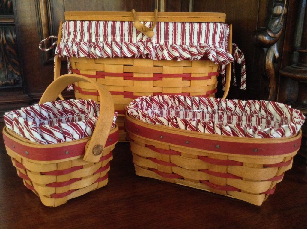 Tres cestas americanas Longaberger hechas a mano con inserciones de tela