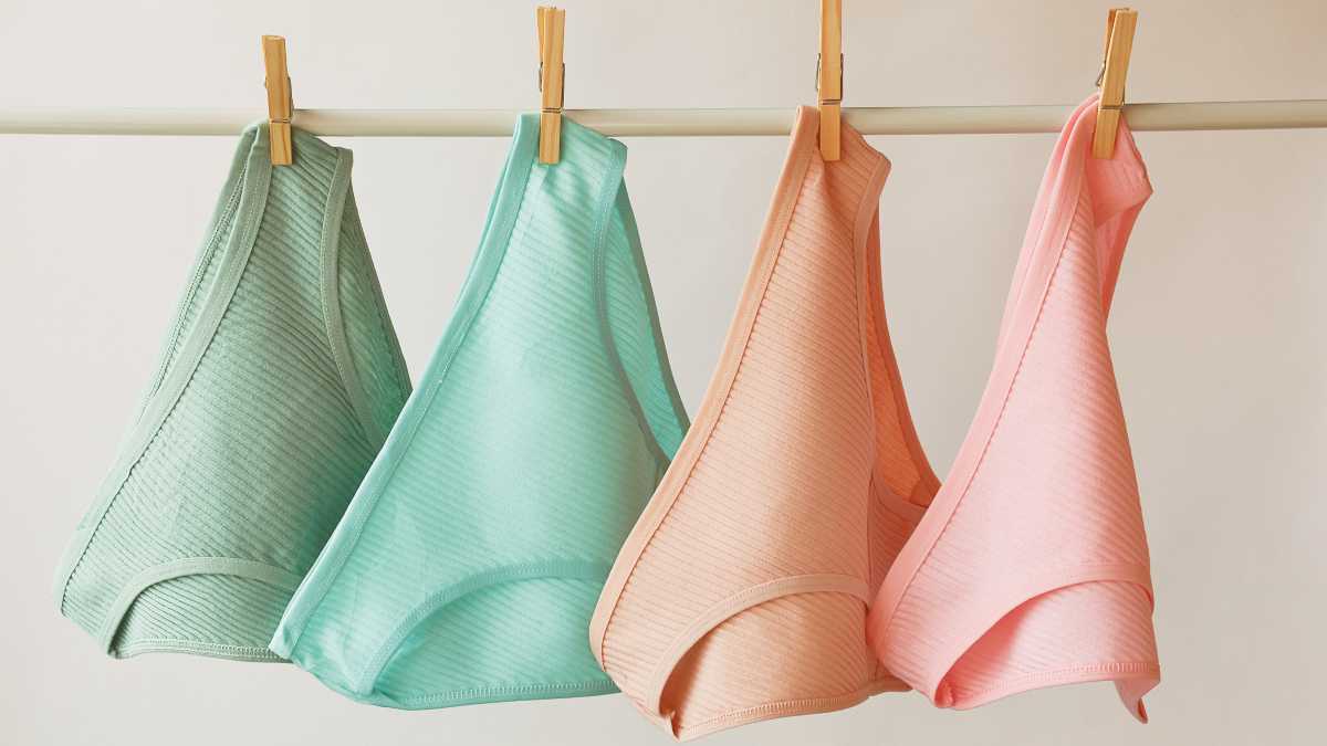 Empat pasang seluar dalam kapas berwarna-warni untuk wanita digunting pada jemuran